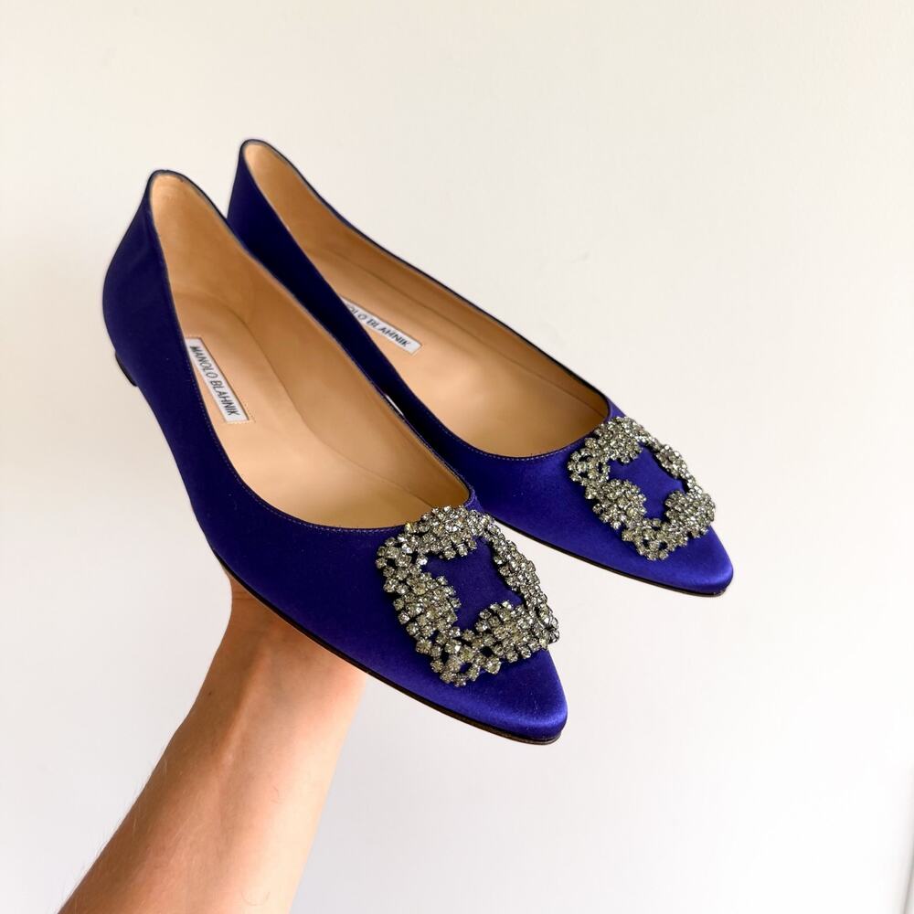 Manolo Blahnik Hangisi Satin Pointed Toe Flat Purple 39.5 NEW - Picture 2 of 5